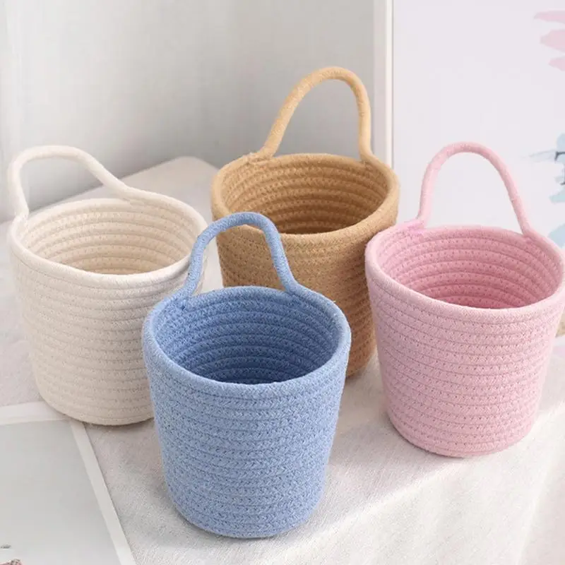 Handmade Woven Organizer Container Cotton Rope Storage Basket Wall Basket With Handle Child Toy Storage Vegetable Rope Bins