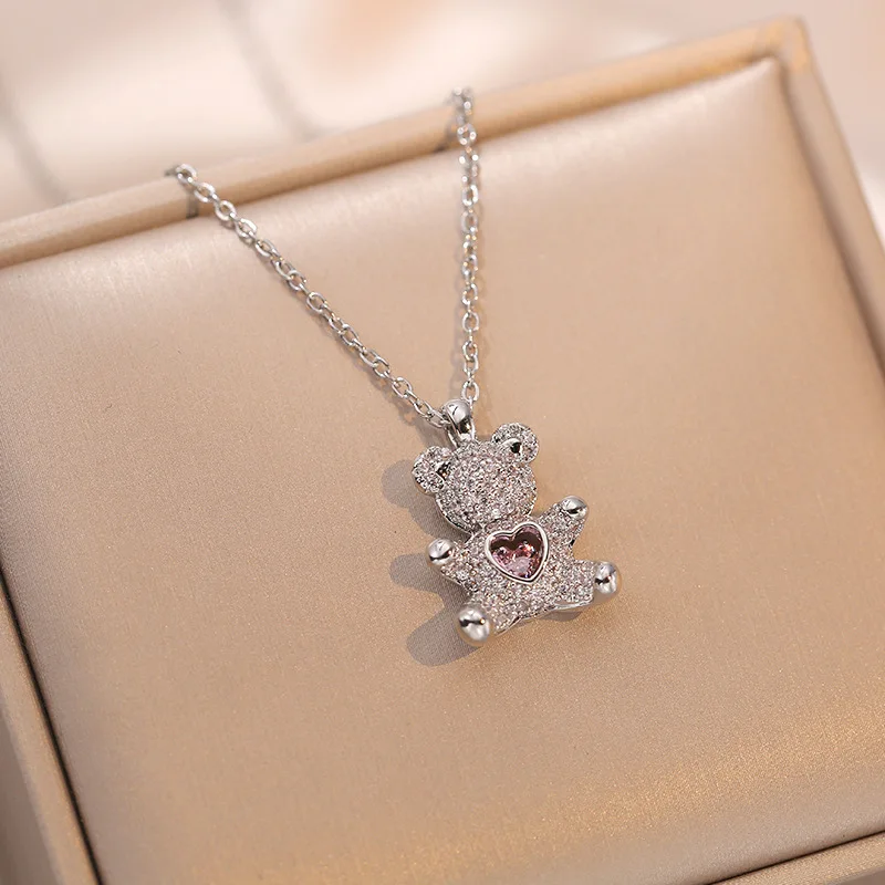 Shiny Zircon Cute Bear Pendant Necklaces for Women Girls Stainless Steel Chain Lovely Animal Accessories Gifts for Friends