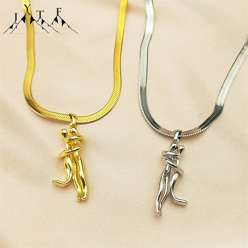 

Copper Lovers Pendant Necklace Choker for Women Gold Color Stainless Steel Chain Necklaces Fashion Jewelry Gifts for Couple