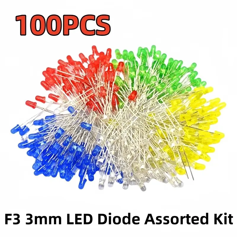 100PCS F3 3mm LED Diode Assorted Kit ultra bright warm white red green blue and purple yellow orange pink 2V 3V multi-color lumi