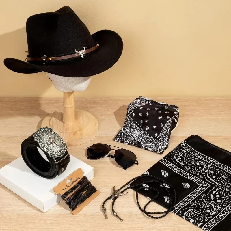 Cowboy-Kostüm-Outfit für Männer und Frauen, Western-Cowboyhut, Bolo-Krawatte, Schnalle, Gürtel, Zubehör-Set für Halloween, Cosplay, Party, Disfraz