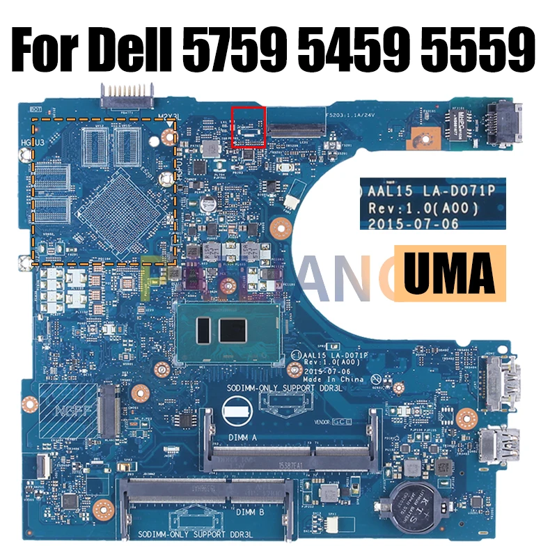 For DELL 5759 5459 5559 Notebook Mainboard LA-D071P i3-6100U I5-6200U i7-6500U 216-0867020 2G  Laptop Motherboard Full Tested