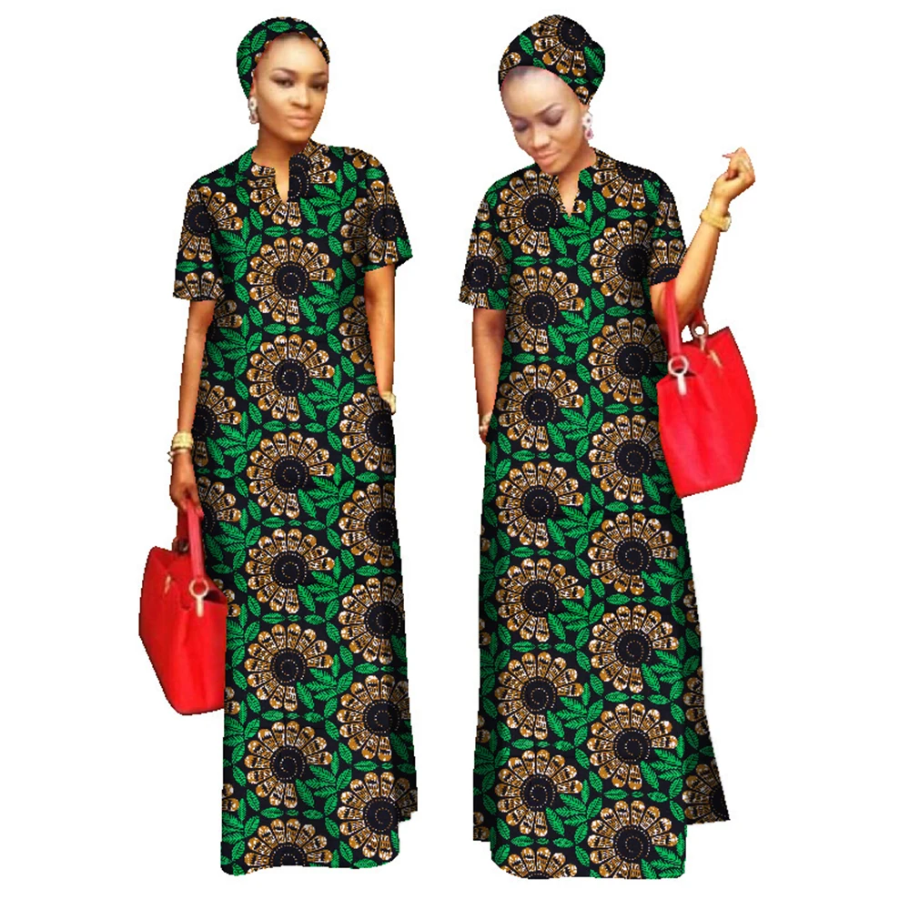 BRW African Print Clothing for Women Short Sleeve Outfits Woment Free Head Scarf Lady Long Dress Maxi Size WY843
