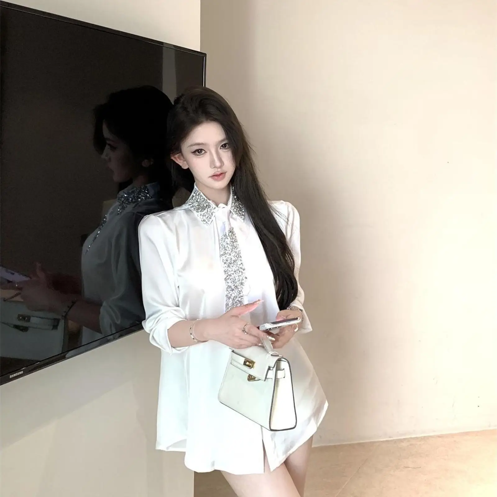Luxury Woman Diamonds Beaded Turn Down Collar Faux Silk Rhinestones Tie Shirts Glossy Satin Crystal Blouses OL Cardigan Tops