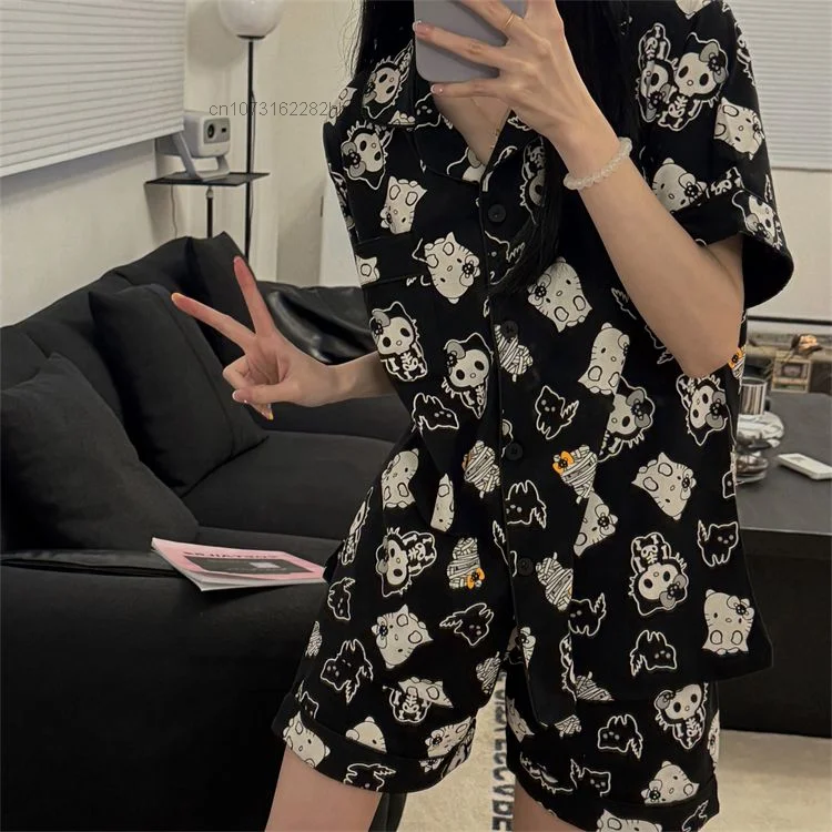 Sanrio Black Hello Kitty Sleeping For Sleepwear Y2k Woman Summer Short Sleeved Pajamas Set Gothic Home Clothing Set For Outwear