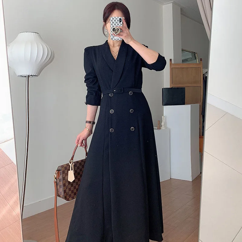 Elegant Suit Collar Double Breasted Bandage Waist Solid Color Trench Dress Vestidos De Mujer Black White Office Lady Maxi 