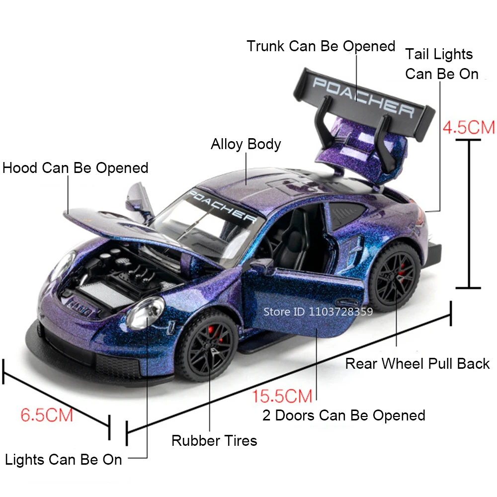 1:32 GT3RS Mini Sports Car Model Toys Alloy Diecast 911 Supercars 4 Doors Opened Sound Light Pull Back Rubber Tires Kids Gifts
