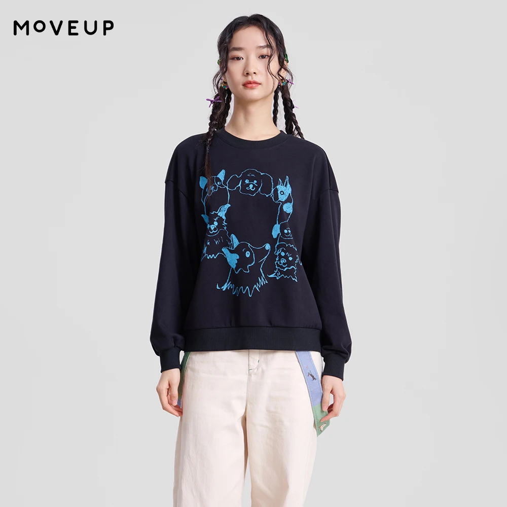 

Свитшот MOVEUP с длинными рукавами и круглым вырезом, весна 2026, новинка, со спущенным плечом, с мультяшным принтом щенка, для женщин, 3ELC11417