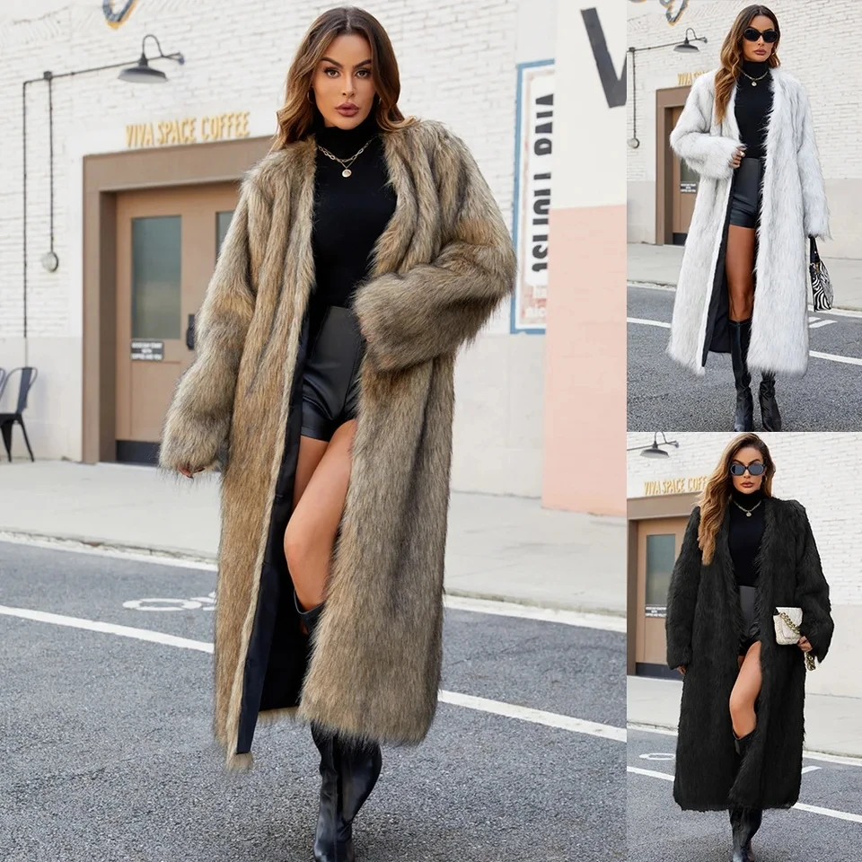 

2026 New Women Winter V Neck Long Length Fur Coat Plush Warm Yellow Long Hair Black Coffee Color