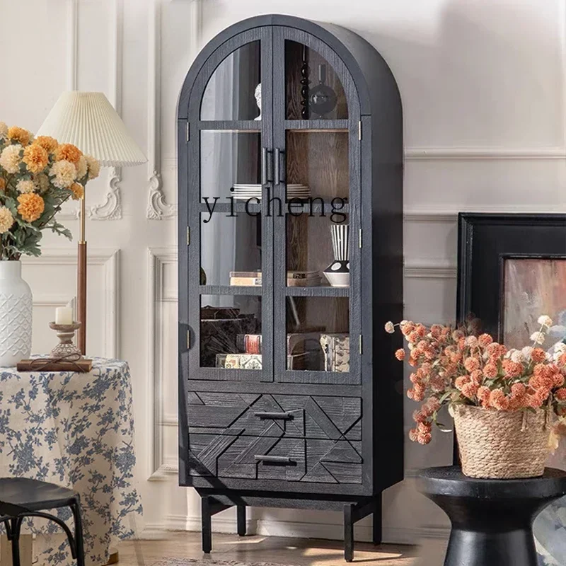 1-D29 Solid Wood Display Cabinet Study Arched Glass Dustproof Sundries Storage Restaurant Retro Cabinet