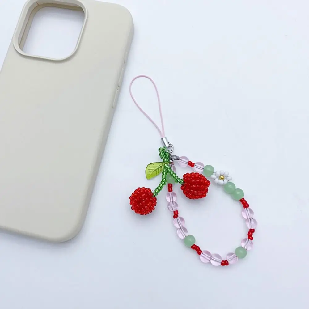 Beaded Y2K Mobile Phone Charms Short Anti Lost Summer Cherry Pendant Key Ring Korean Cherry Phone Lanyard Female Lady Girl