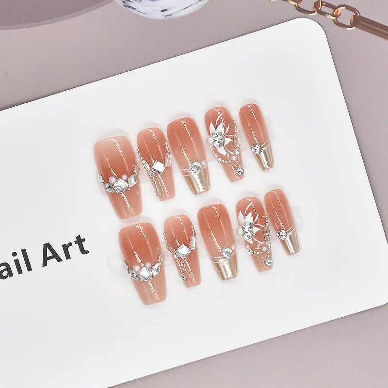 Silberner magischer Spiegelpulver, lange Maniküre, zum Aufdrücken von Nägeln, Strass-Charms