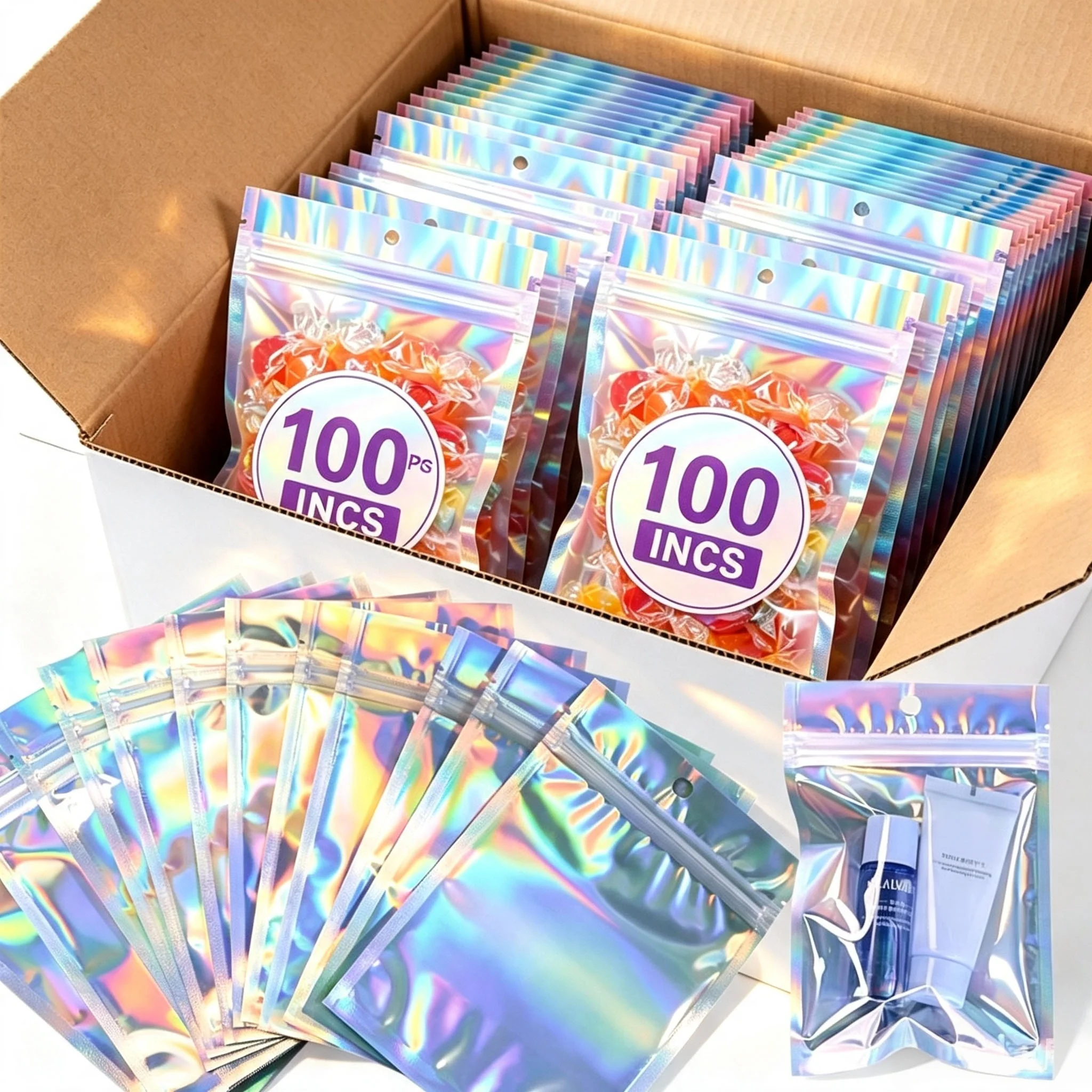 Packaging Bags Resealable Smell Proof Bag Holographic Rainbow Color Resealable Bag Zip Baggie for Food Storage Jewelry Packaging