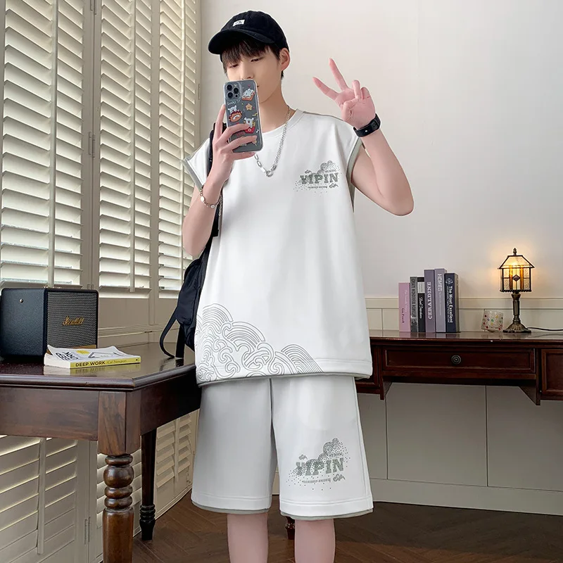 2025 Summer Ice Silk Men's Workout Set  Cooling Sleeveless Top & Shorts Two Piece Athletic Gym Running Breathable Outfit