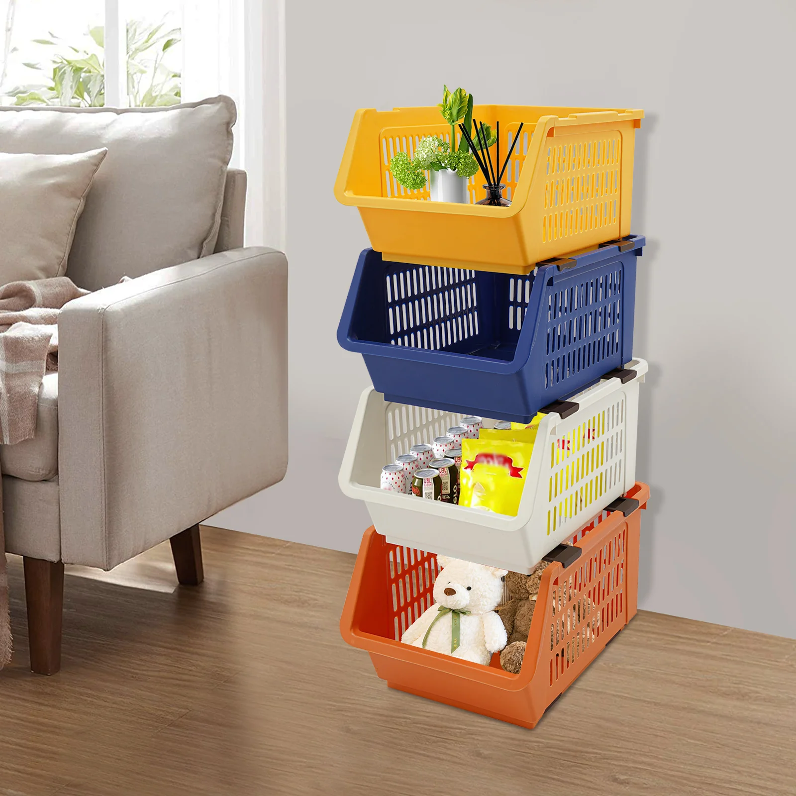 سلال تخزين قابلة للتكديس، 4 عبوات، صناديق تنظيم وحدات كبيرة، حاويات تخزين مستطيلة متعددة الاستخدامات، منظم منزلي حديث