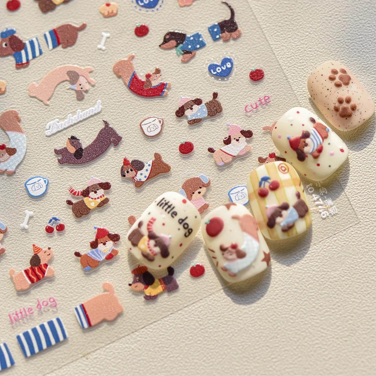 Lovely Dog with Backflip Dog Puppy Cherry Cake Bone Cup Apple Sausage Self Adhesive Nail Art Stickers Love Heart Manicure Decals