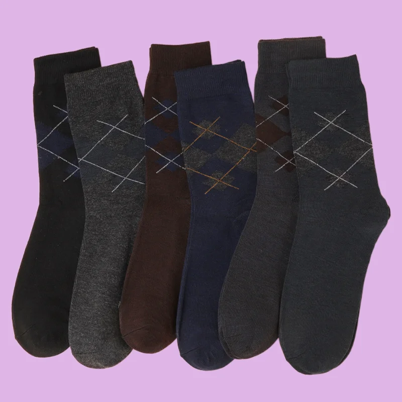 2024 New 6/12 Pairs Diamond Pattern British Style Large Size Men's Mid-tube Cotton Socks Solid Color Business Men's Socks