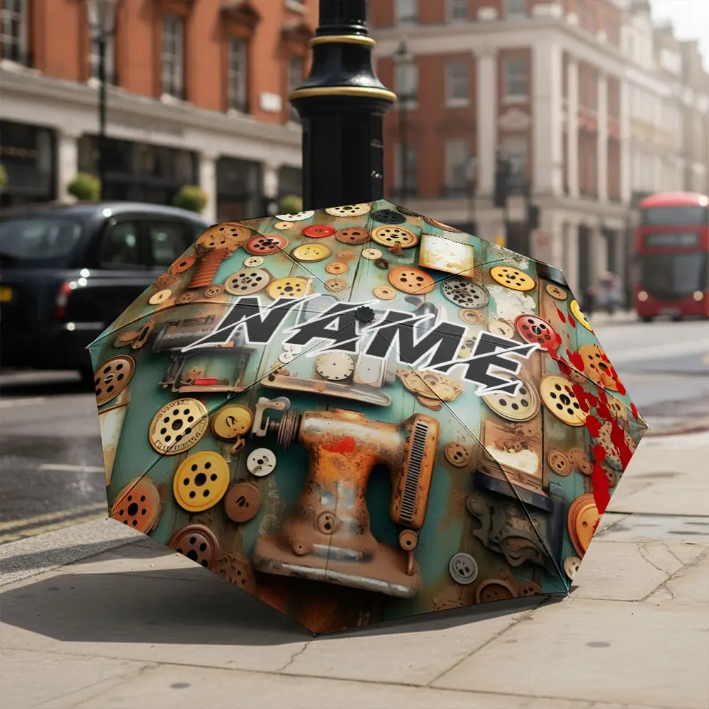 Custom Name umbrella,Vintage Industrial Umbrella with Rustic Button  Fashion Folding Umbrella for Daily Use,Christmas Gift
