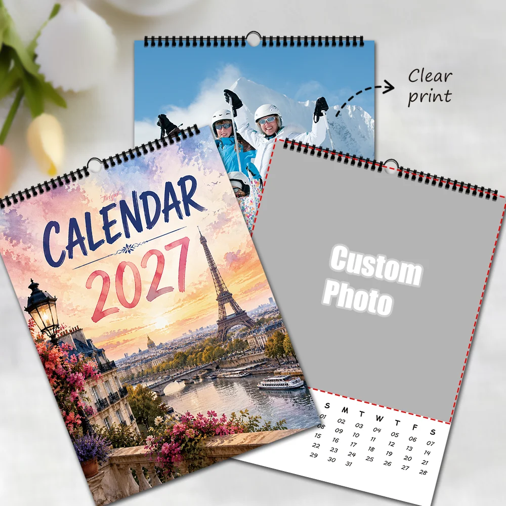 1pc, Custom 2027 Wall Calendar, Paris Eiffel Tower Sunset View, Monthly Hanging Calendar, Christmas New Year Wall Decor