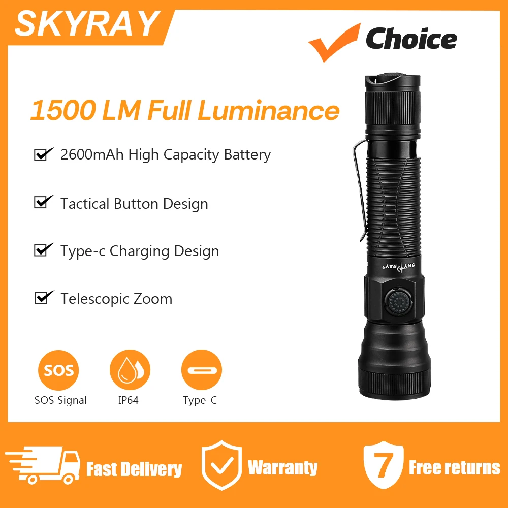 SKYRAY SK31 Tactical Flashlights Black Light Flashlight 1500lm Torch Light Rechargeable Lamp Camping Equipment for Self Defense