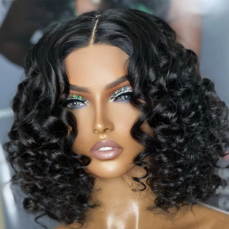 Мягкий бесклеевой парик 180Density Short Cut Bob Natural Black Curly Deep Wave Lace Front Wig For Women With Baby Hair Preplucked Daily