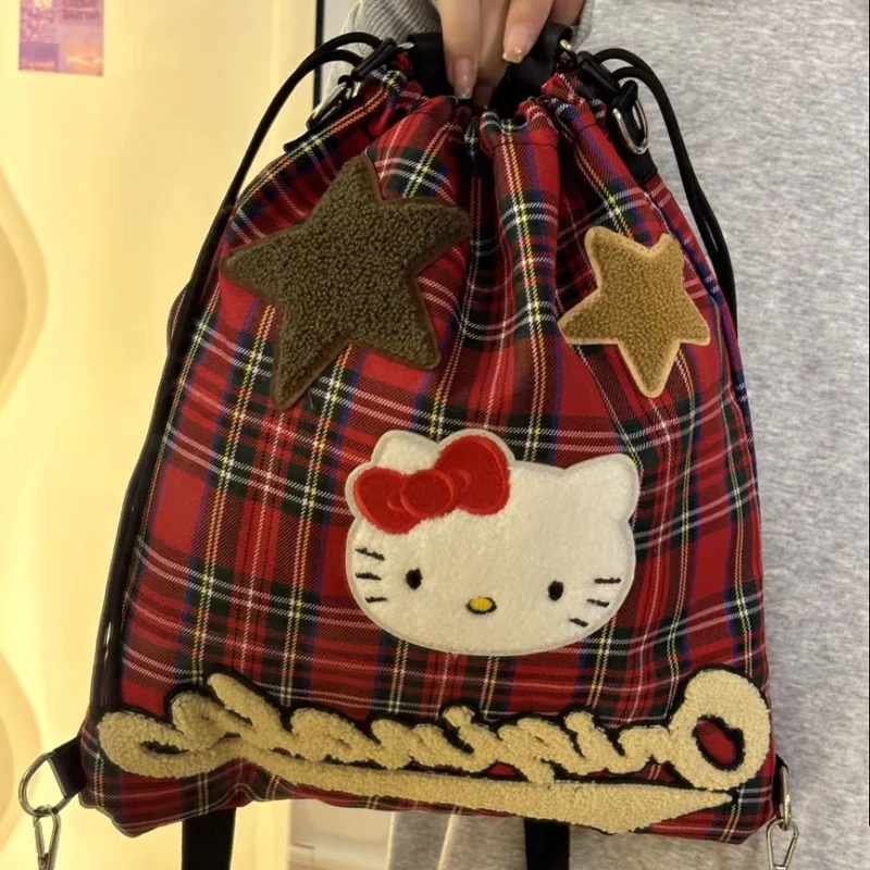 Hello Kitty Anime Red Plaid Crossbody Bag Kawaii Cartoon New Shoulder Bag College Style Girls Commuter Backpack Christmas Gifts