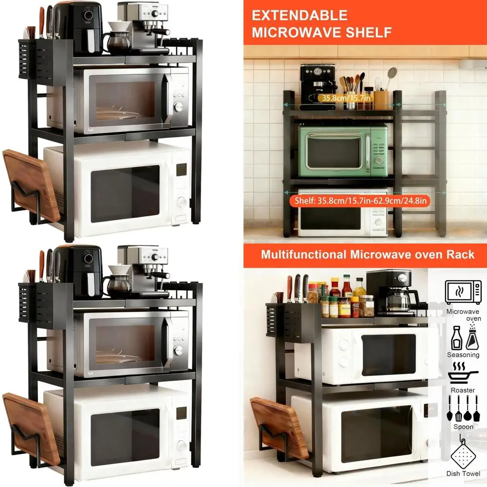 

Sturdy 3-Tier Microwave Stand with Expandable Rack, Cut Board Holder, Knife & Chopstick Storage, Holds 55lbs, 6 Hooks for Kitche
