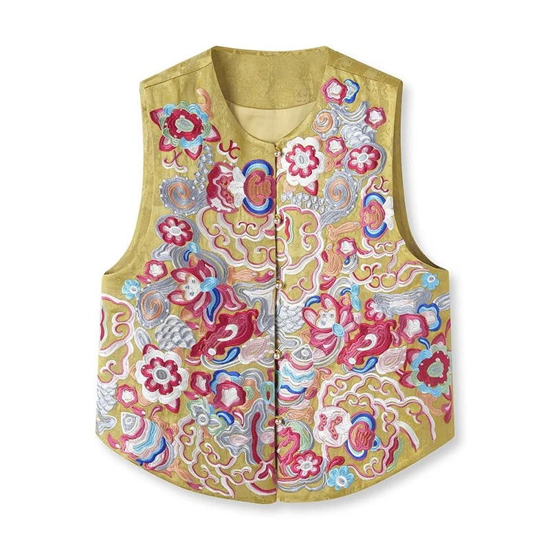 Satin Silk Embroidered Vest Women Chinese Style Vintage Vest Sleeveless Retro Tops Female Autumn New Fashion