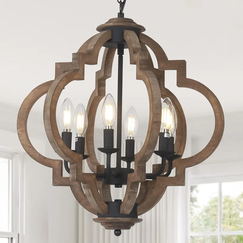 

6-Light Rustic Farmhouse Chandelier for Dining Room, Wood and Black Pendant Light for Kitchen Island, Boho Style Ceiling Fixture for Entryway, Living Room