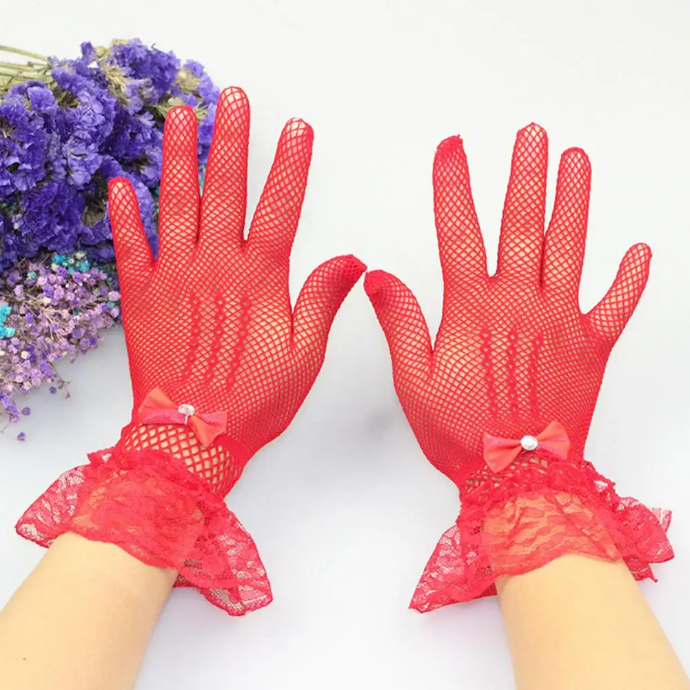 1 Pair Women Prom Gloves Lace Bow Faux Pearl Decor Hollow Out Fishnet Ruffle Edge Thin Full Finger Bride Wedding Gloves