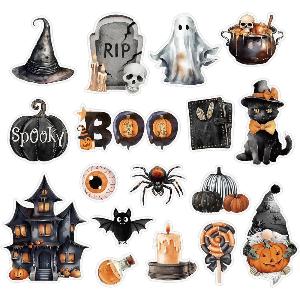 17Pcs Halloween Watercolor Pattern Magnets, Ghoul Skeleton Bat Spider Black Cat Stickers, Home Gathering Garage Door Decor