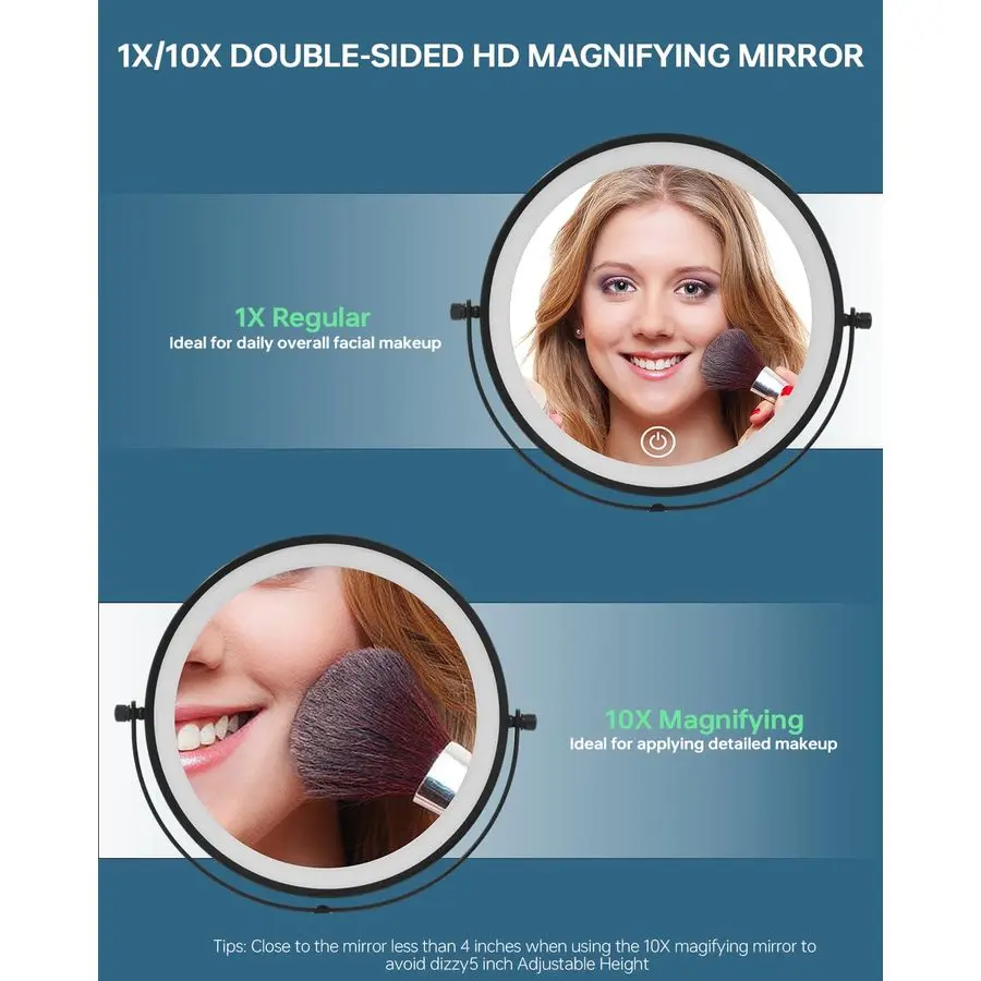 Lighted Makeup Mirror with 1X 10x Magnification, 5000mAh Rechargeable Led Magnifying Vanity mirror with lights, 3 Lighting Color