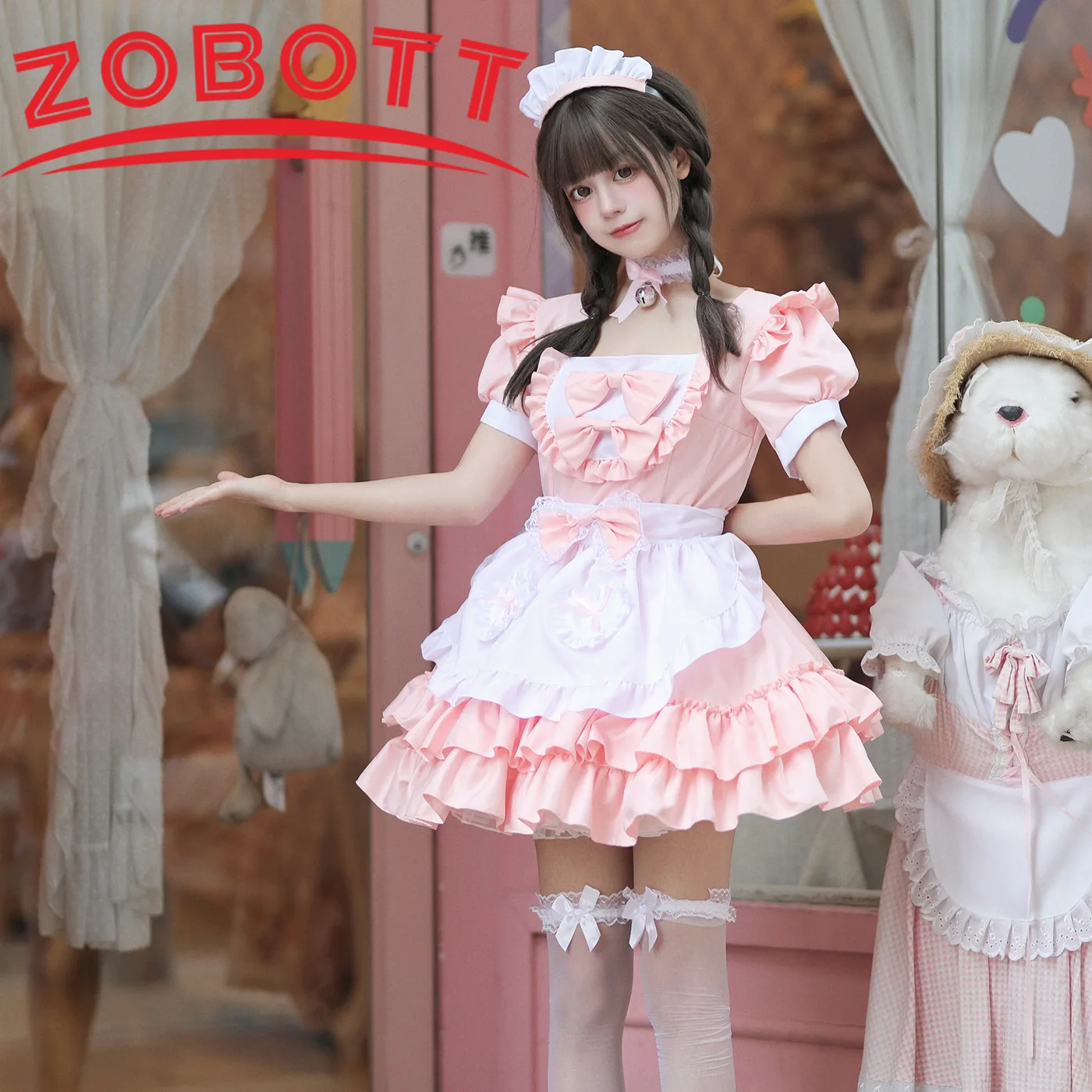 

Pink Lolita Dress Anime Cosplay Costume Maid Disguise Set Coffee Servant Dress Adult Carnival Halloween Clothes