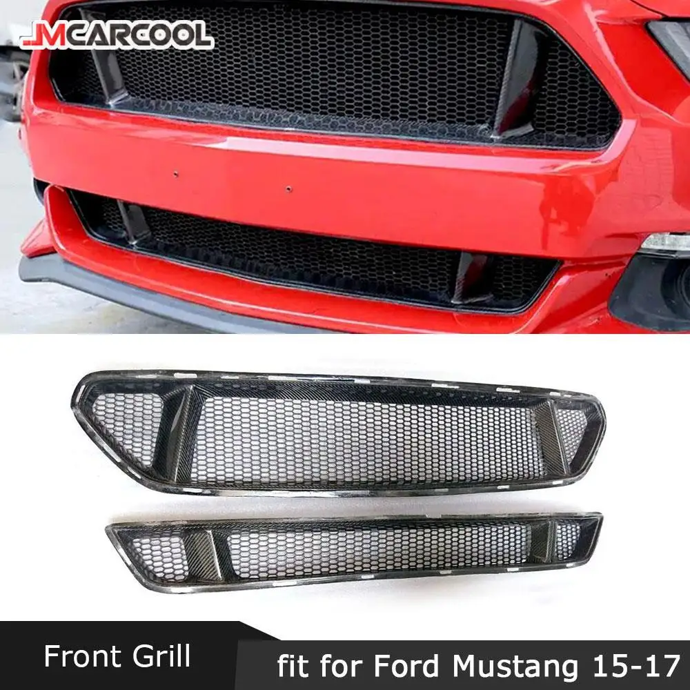 

JMCARCOOL Carbon Fiber Front Bumper Mesh Grille Grills Covers For Ford Mustang 2015-2017 Protective Cover Facelift Accessories