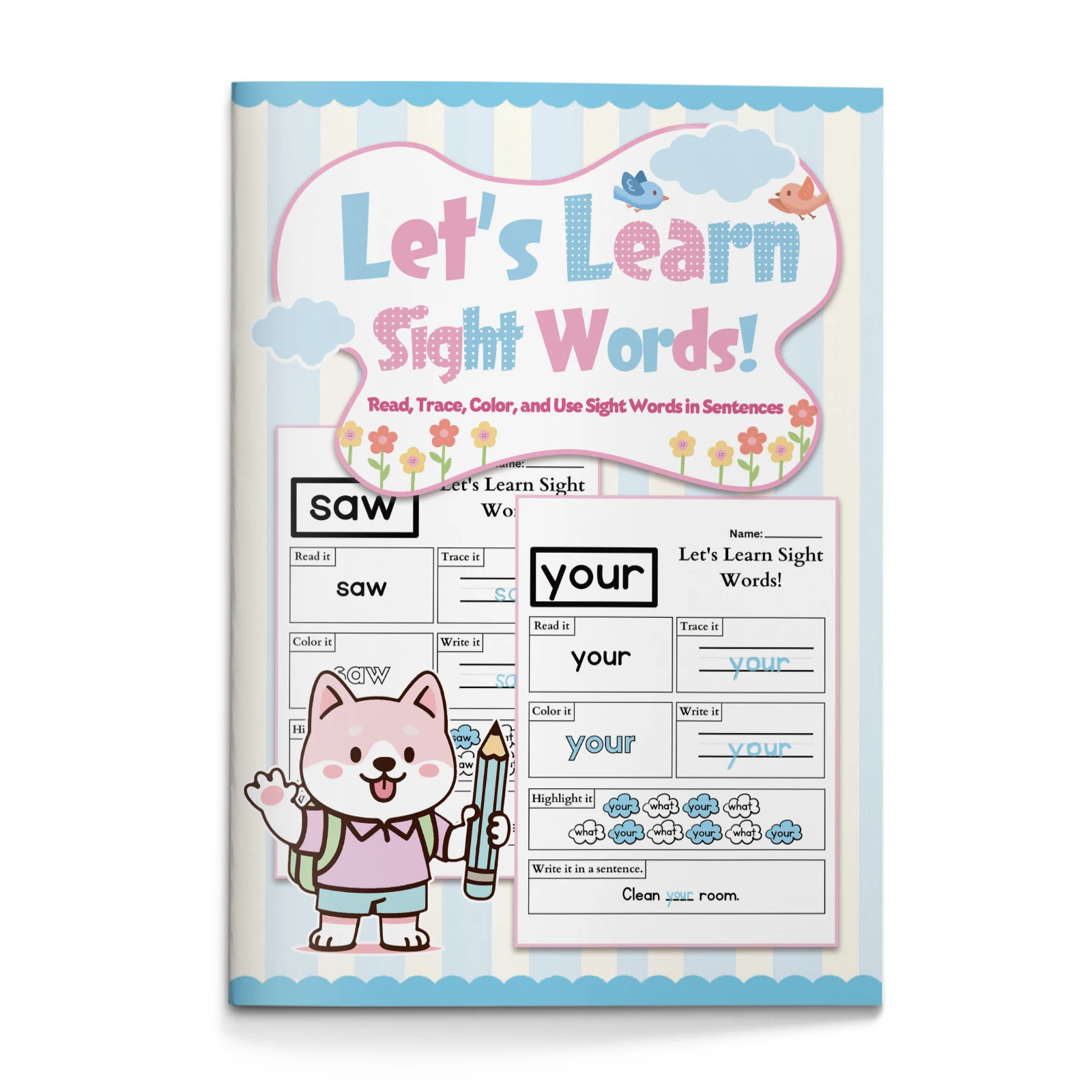 Kids English Word Coloring Workbook, Cute Cartoon Designs, Preschool Educational Activity Book for Fun English Learning