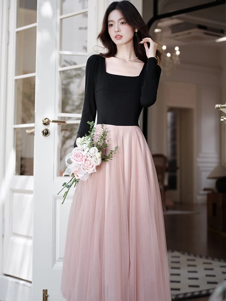 Otoño Invierno Rosa Patchwork negro manga larga vestido con cuello cuadrado mujeres elegante vestido vendaje con lazo 2025 Vestidos ceñidos coreanos