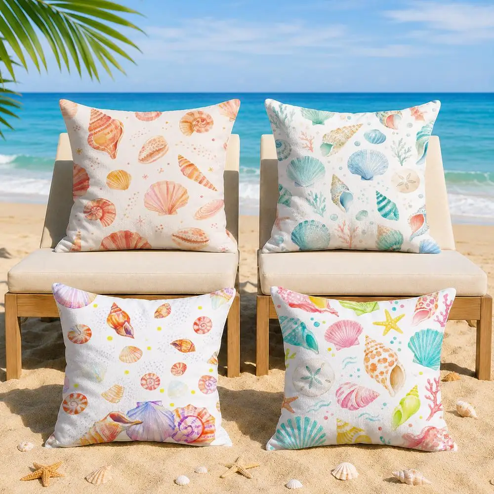 Cute Conch Print Cushion Cover Short Plush Soft Double-Sided Printing Pillow Case Cozy Sofa Bedroom Home Decor Gift