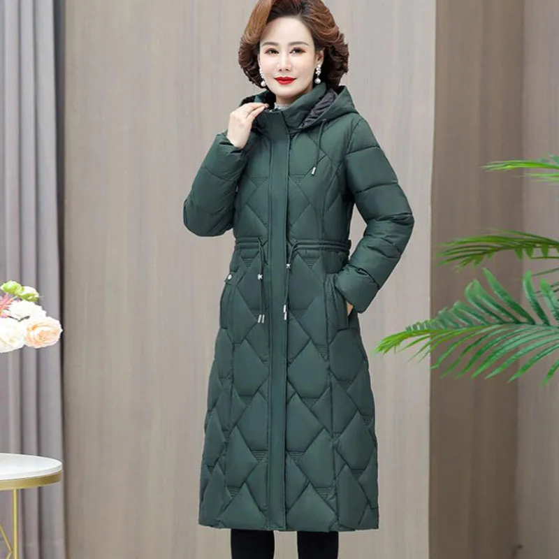 New High-end Middle-aged Womens Down Cotton Coat Winter Warm Padded Jackets Casual Female Long Hooded Parker Overcoat Tide Black