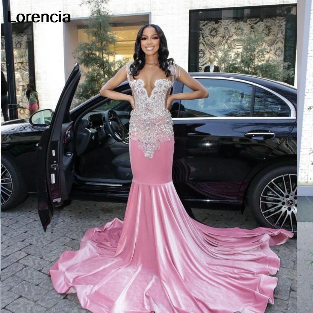 

Customized Pink Velvet American Prom Dress Mermaid Sequins Beaded Black Girls Nigeria Robe De Soiree Evening Gown YPD174