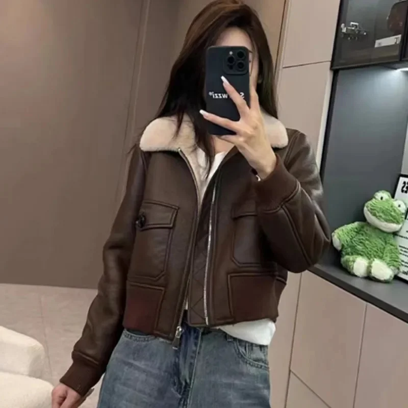 

Fashion Ladies Leather Jacket Autumn Winter Female Loose Thicken Lamb's Wool Coat Women Short Long Sleeves PU Leather Top Outwea