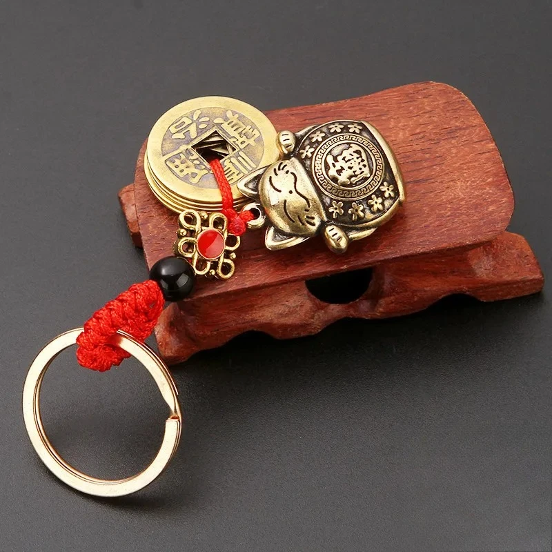 1Pc Vintage Pure Handmade Lucky Cat Car Keychain Five Emperors Feng Shui Coins Solid Lucky Key Ring Bag Pendant Decor