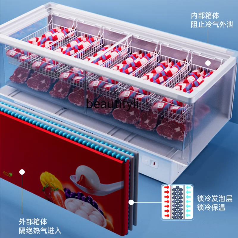 Display di refrigerazione per frigorifero con congelatore commerciale di grande capacità, vetro congelato per la conservazione della freschezza, armadietto a isola