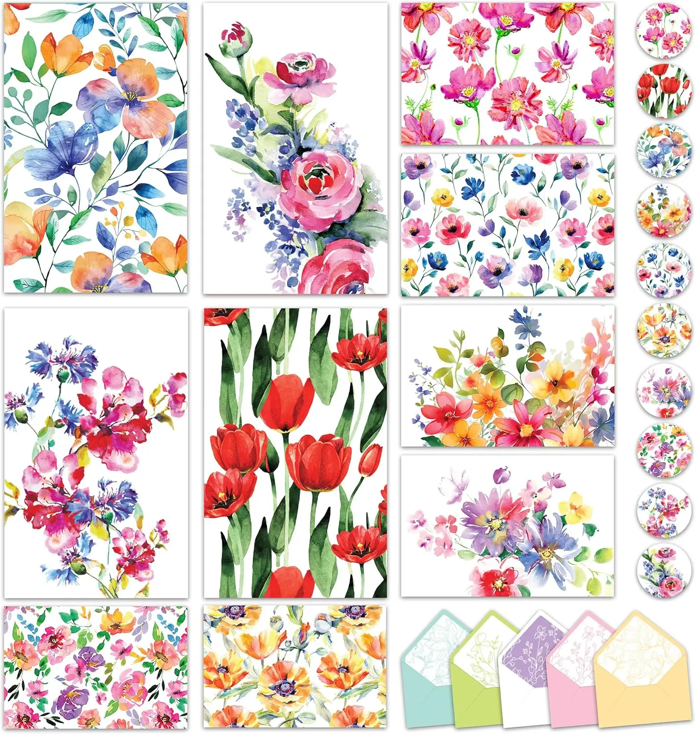 

50 Pack 6x4in Floral Note Cards with Envelopes and Stickers, 10 Flower Designs Floral Blank Cards - All Occasions, Appreciation,