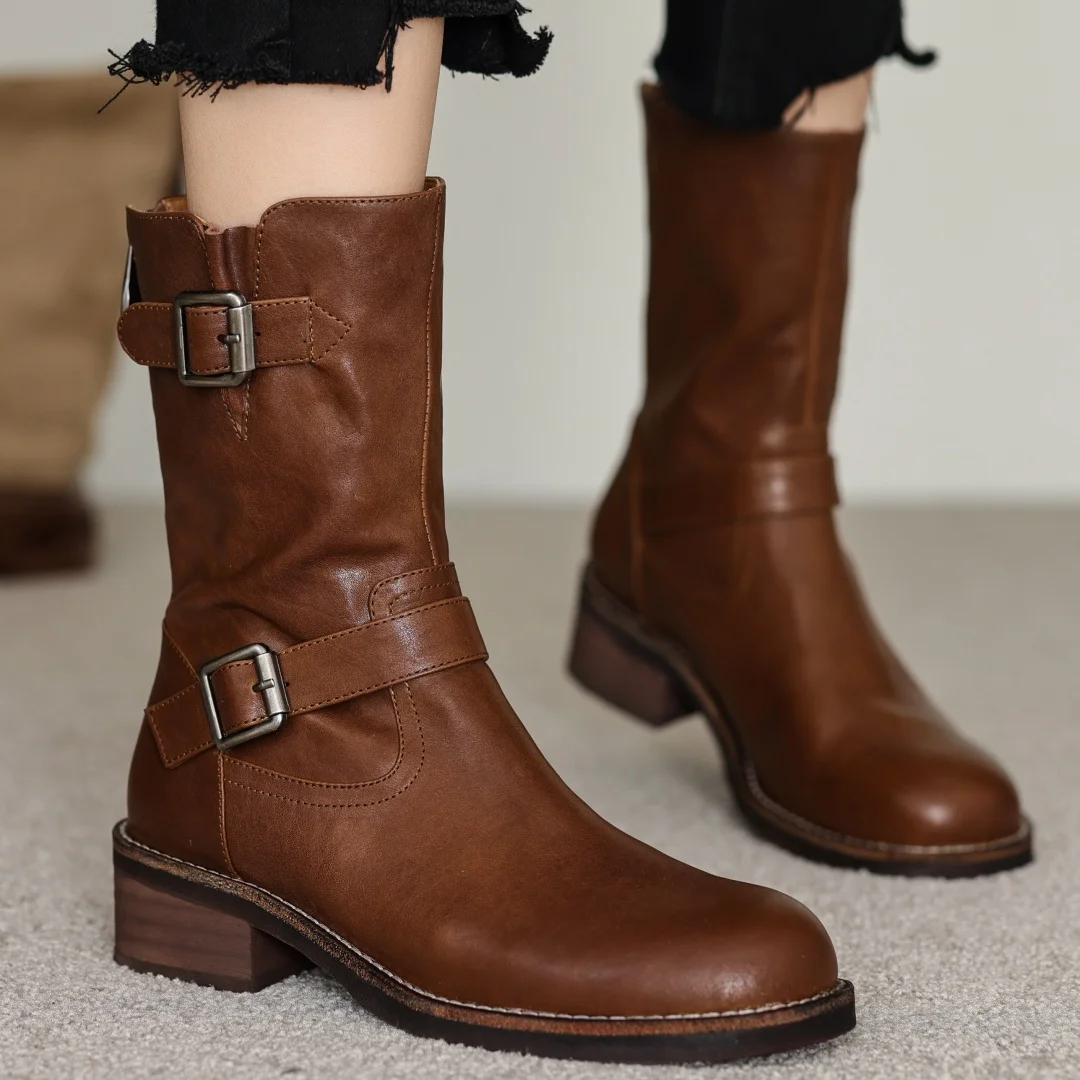 

2024 Autumn new women's cow leather double metal buckle back zip mid-calf boots 4.5cm thick low heel punk half boot shoes woman