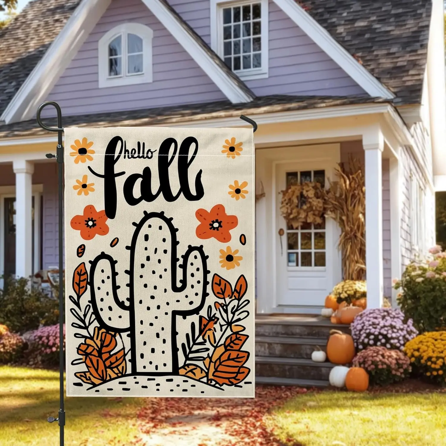Hello Fall Cactus Garden Flag, Beige Floral Outdoor Decor Banner, Double Sided Autumn Yard Flag, Seasonal Party Lawn Decorat KZA