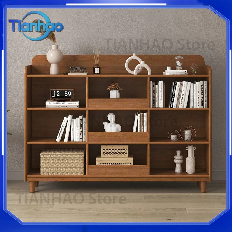 Solid Wood Bookshelf for Living Room Household Multi-Layer Storage Bookcase Simple Children's Locker Combination Student