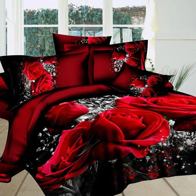 4PCS 3D Big Red Rose Floral Bedding Sets Wedding Duvet Cover Sheet Pillow Cases Bed Covers for Bedroom Household Products