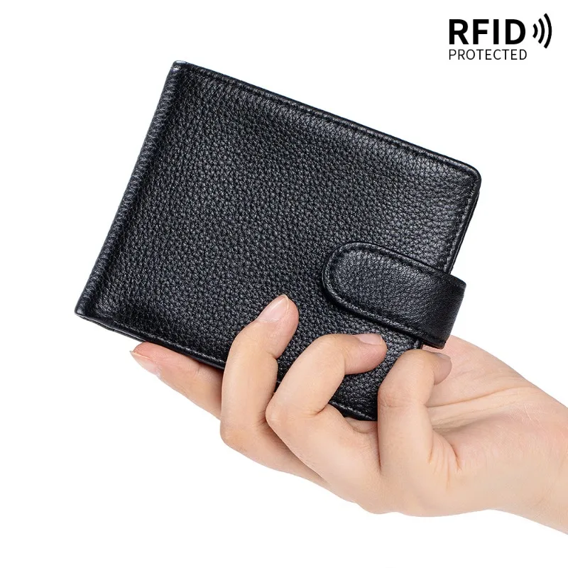 Men's Business Leather Bifold Wallet with Snap Closure, RFID Blocking Pebbled Leather Short Wallet, Slim Wallet with ID Window