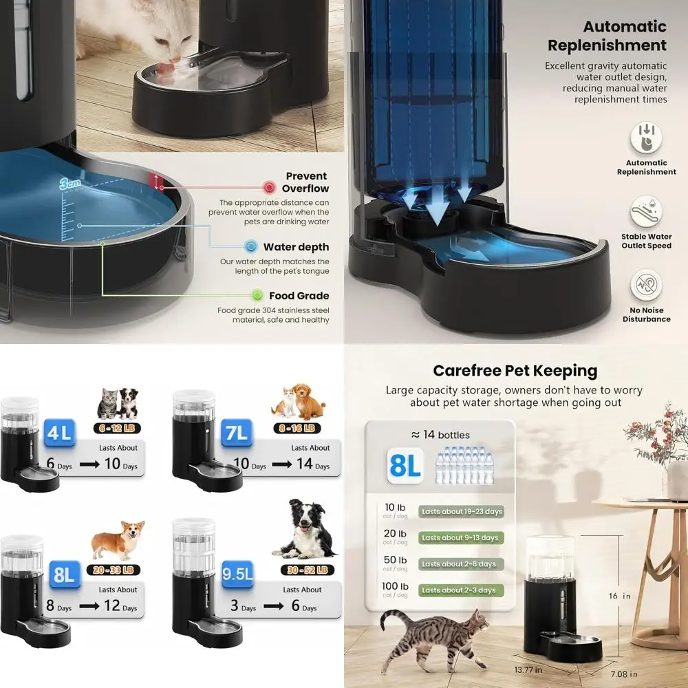 

8L Automatic Pet Water Dispenser with Stainless Steel Bowl, Large Capacity Gravity Feeder for Dogs and Cats (Black)