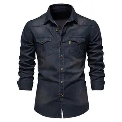 Men Denim Shirt Flap Pocket Turn-down Collar Shirt Long Sleeve Quality Cowboy Shirts Men Casual Slim Fit Mens Designer Clothing